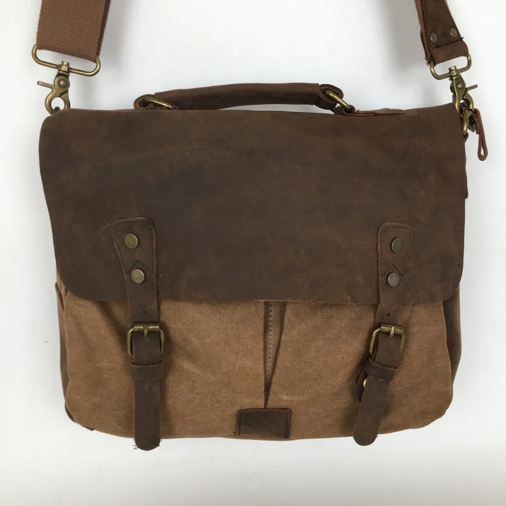 Genuine Leather Brown Canvas Vintage Style Laptop Messenger Bag Satchel
